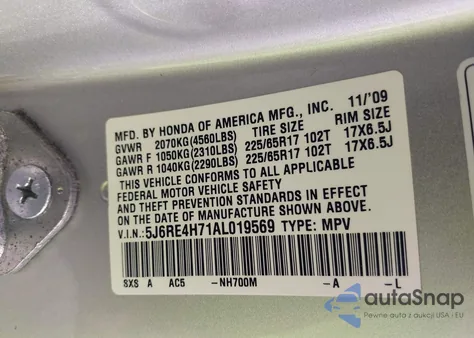 2010 Honda Cr-V Ex-L from USA, damaged, VIN 5J6RE4H71AL019569